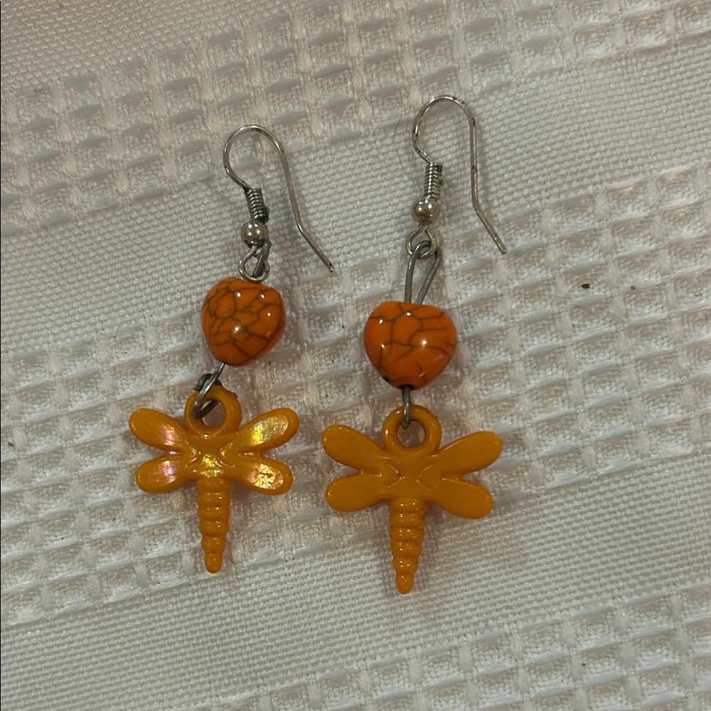**Handmade** Unique Orange Dragonfly Earrings Handmade